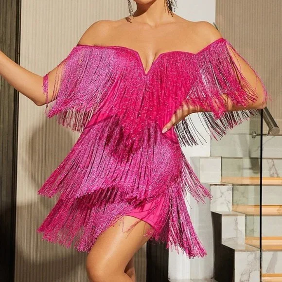 ALL THAT FRINGE Party Off Shoulder Dress Hot Pink - Picture 3 of 8